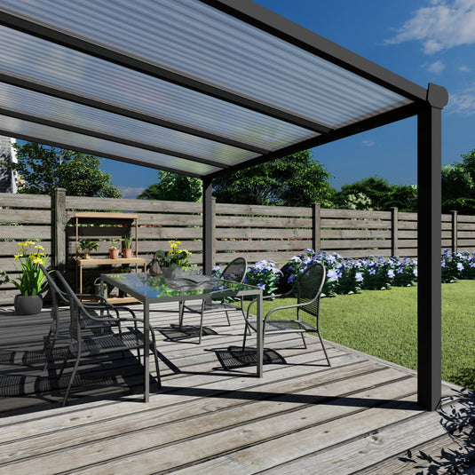 Terrasoverkapping Deluxe modern in Antraciet van 4.06 x 4 meter met Helder polycarbonaat