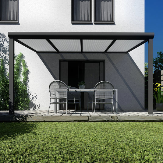 Terrasoverkapping Deluxe modern in Antraciet van 4.06 x 3 meter met Opaal polycarbonaat
