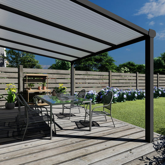 Terrasoverkapping Deluxe modern in Antraciet van 4.06 x 2.5 meter met Opaal polycarbonaat