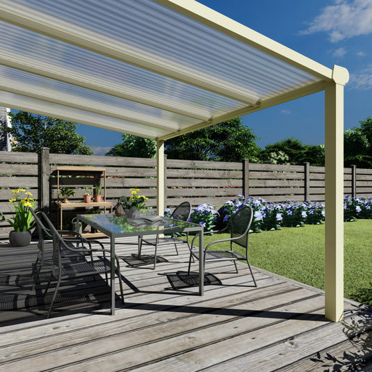 Terrasoverkapping Deluxe modern in Crème wit van 4.06 x 2.5 meter met Helder polycarbonaat