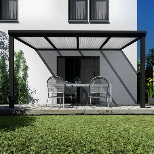 Terrasoverkapping Deluxe modern in Zwart van 4.06 x 3.5 meter met Helder polycarbonaat