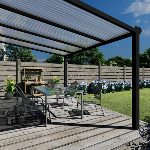 Terrasoverkapping Deluxe modern in Zwart van 4.06 x 2.5 meter met Helder polycarbonaat