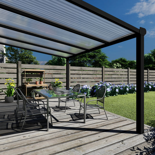 Terrasoverkapping Deluxe modern in Zwart van 4.06 x 2.5 meter met Helder polycarbonaat