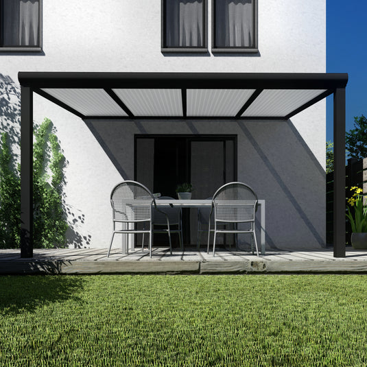 Terrasoverkapping Deluxe modern in Zwart van 4.06 x 2.5 meter met Opaal polycarbonaat