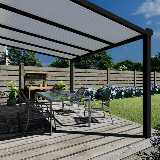 Terrasoverkapping Deluxe modern in Zwart van 4.06 x 2.5 meter met Opaal polycarbonaat