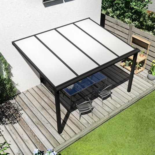 Terrasoverkapping Deluxe modern in Zwart van 4.06 x 2.5 meter met Opaal polycarbonaat