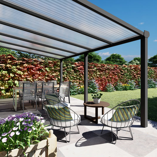 Terrasoverkapping Deluxe modern in Antraciet van 5.06 x 2.5 meter met Helder polycarbonaat