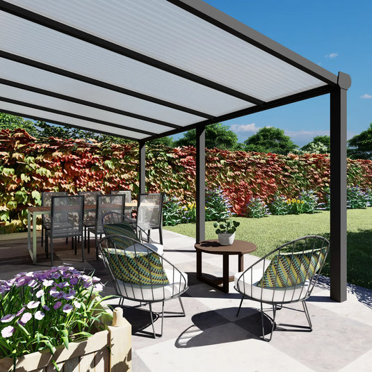 Terrasoverkapping Deluxe modern in Antraciet van 5.06 x 2.5 meter met Opaal polycarbonaat