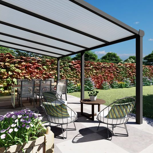 Terrasoverkapping Deluxe modern in Antraciet van 5.06 x 3 meter met Opaal polycarbonaat