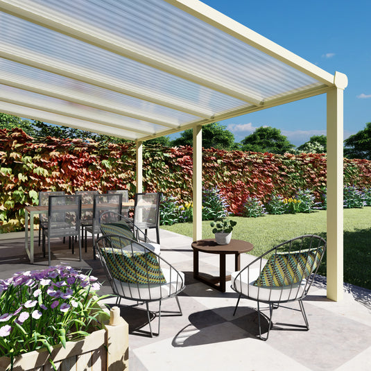 Terrasoverkapping Deluxe modern in Crème wit van 5.06 x 2.5 meter met Helder polycarbonaat