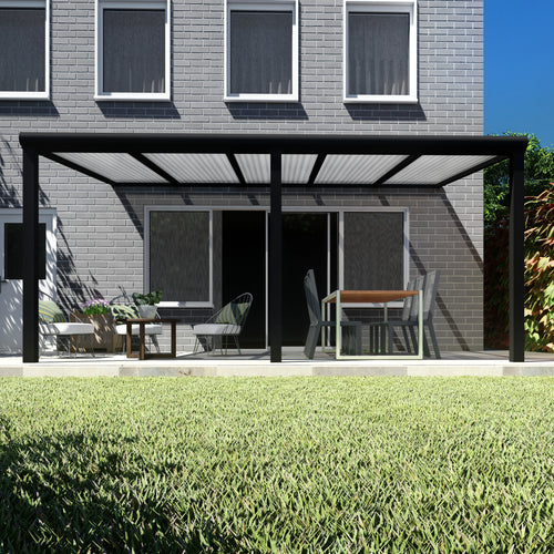 Terrasoverkapping Deluxe modern in Zwart van 5.06 x 2.5 meter met Helder polycarbonaat
