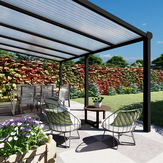 Terrasoverkapping Deluxe modern in Zwart van 5.06 x 4 meter met Helder polycarbonaat