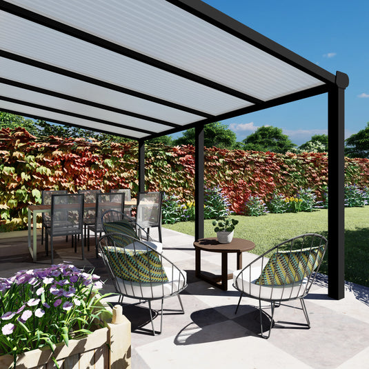 Terrasoverkapping Deluxe modern in Zwart van 5.06 x 3.5 meter met Opaal polycarbonaat