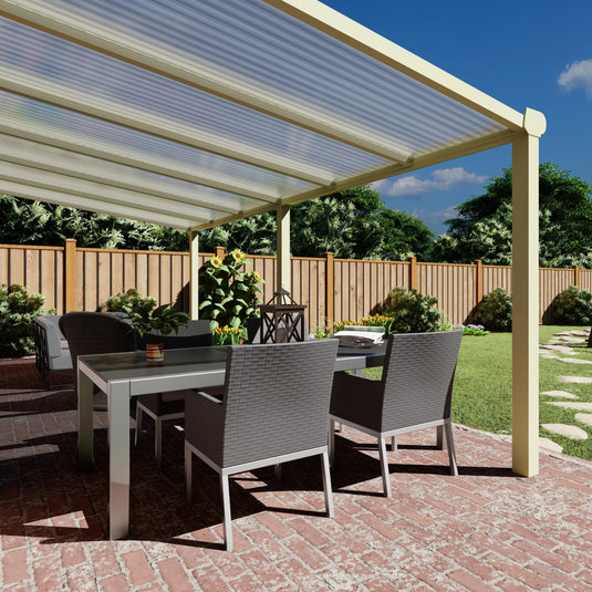 Terrasoverkapping Deluxe modern in Crème wit van 6.06 x 3 meter met Helder polycarbonaat
