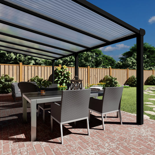 Terrasoverkapping Deluxe modern in Zwart van 6.06 x 4 meter met Helder polycarbonaat