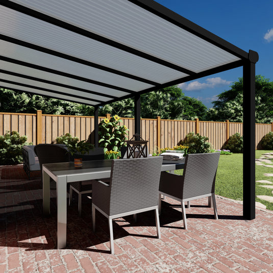 Terrasoverkapping Deluxe modern in Zwart van 6.06 x 2.5 meter met Opaal polycarbonaat