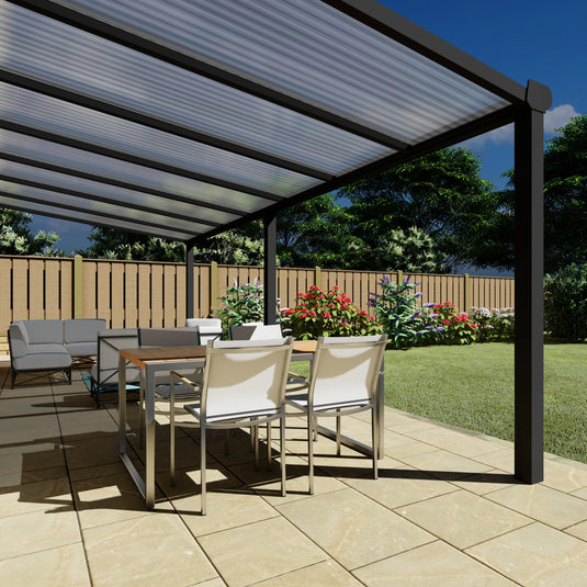 Terrasoverkapping Deluxe modern in Antraciet van 7.06 x 3.5 meter met Helder polycarbonaat