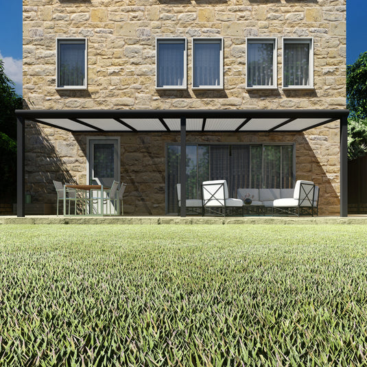 Terrasoverkapping Deluxe modern in Antraciet van 7.06 x 3.5 meter met Opaal polycarbonaat