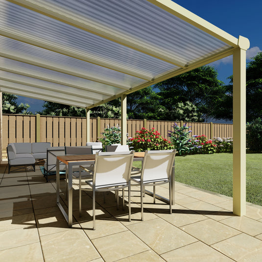 Terrasoverkapping Deluxe modern in Crème wit van 7.06 x 3 meter met Helder polycarbonaat