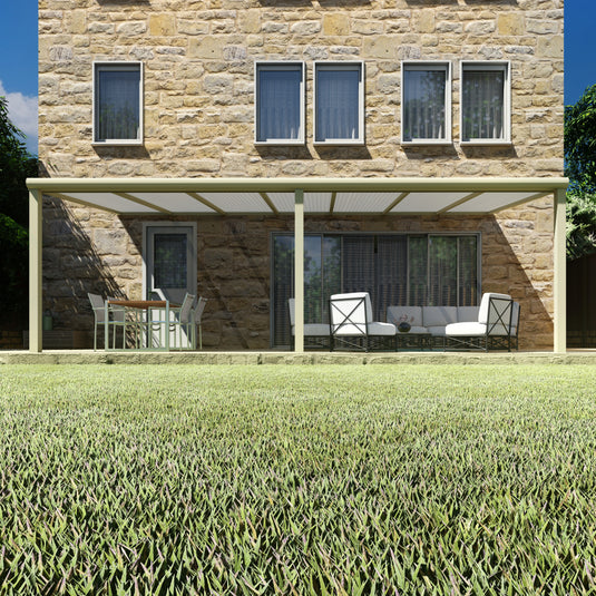 Terrasoverkapping Deluxe modern in Crème wit van 7.06 x 3 meter met Opaal polycarbonaat