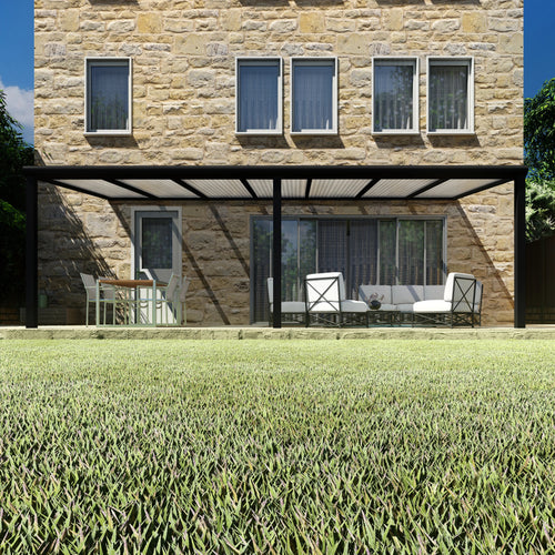 Terrasoverkapping Deluxe modern in Zwart van 7.06 x 2.5 meter met Helder polycarbonaat