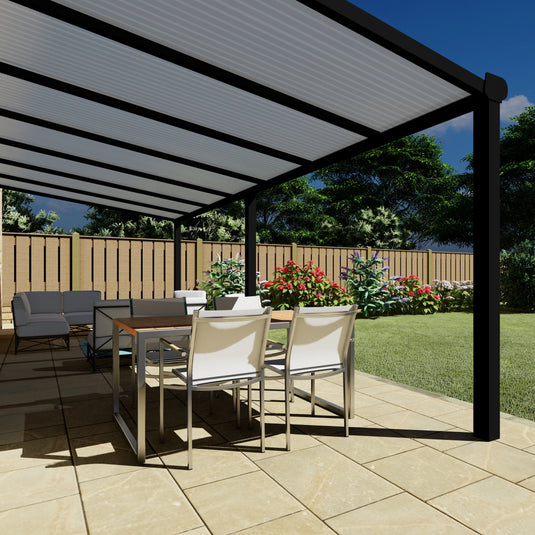 Terrasoverkapping Deluxe modern in Zwart van 7.06 x 2.5 meter met Opaal polycarbonaat
