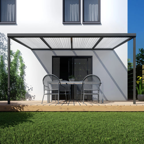 Terrasoverkapping basis in Antraciet van 4.04 x 2.5 meter met Helder polycarbonaat
