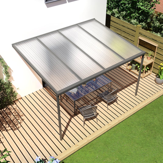 Terrasoverkapping basis in Antraciet van 4.04 x 3.5 meter met Helder polycarbonaat