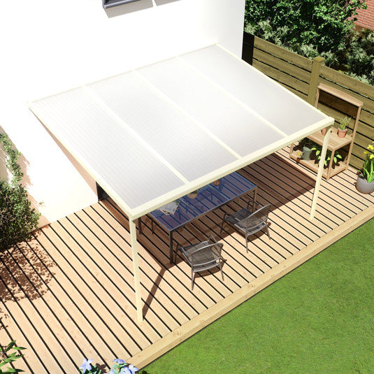 Terrasoverkapping basis in Crème wit van 4.04 x 3 meter met Opaal polycarbonaat