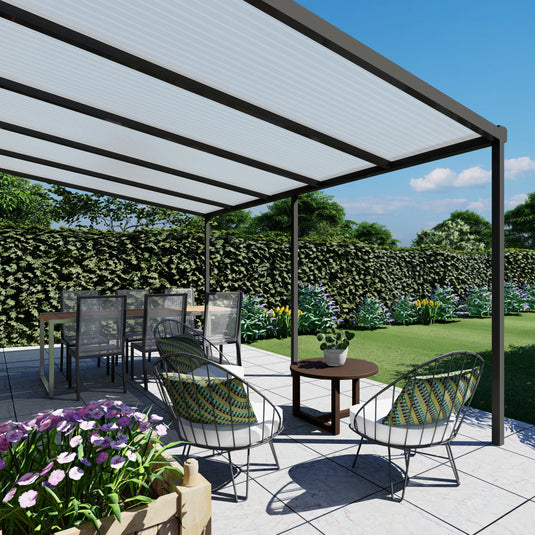 Terrasoverkapping basis in Antraciet van 5.04 x 2.5 meter met Opaal polycarbonaat