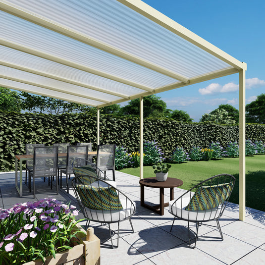 Terrasoverkapping basis in Crème wit van 5.04 x 2.5 meter met Helder polycarbonaat
