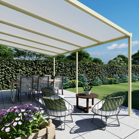 Terrasoverkapping basis in Crème wit van 5.04 x 3 meter met Opaal polycarbonaat