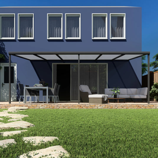 Terrasoverkapping basis in Antraciet van 6.04 x 2.5 meter met Opaal polycarbonaat