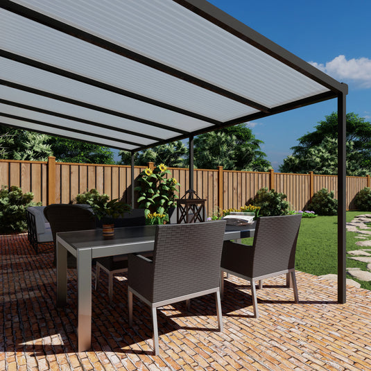 Terrasoverkapping basis in Antraciet van 6.04 x 2.5 meter met Opaal polycarbonaat