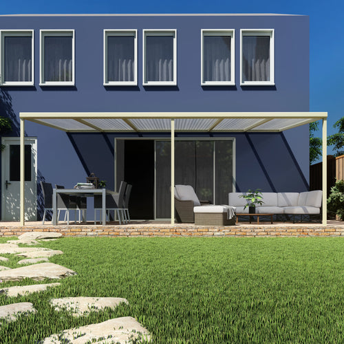 Terrasoverkapping basis in Crème wit van 6.04 x 3 meter met Helder polycarbonaat