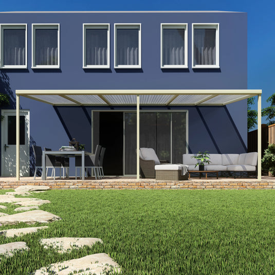 Terrasoverkapping basis in Crème wit van 6.04 x 3 meter met Helder polycarbonaat