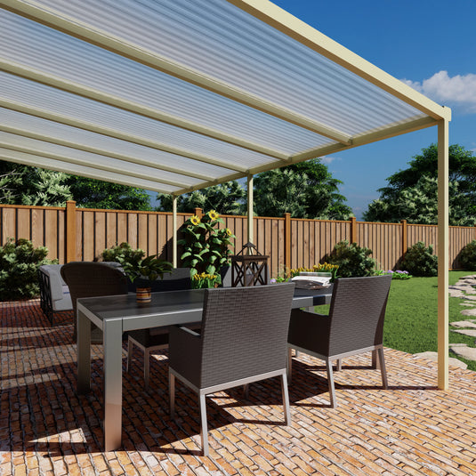 Terrasoverkapping basis in Crème wit van 6.04 x 3 meter met Helder polycarbonaat