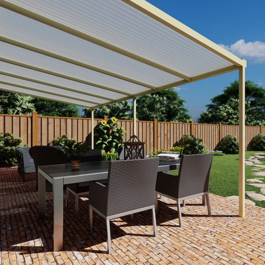 Terrasoverkapping basis in Crème wit van 6.04 x 2.5 meter met Opaal polycarbonaat